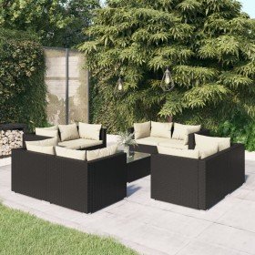 Set de muebles de jardín 9 pzas y cojines ratán sintético negro