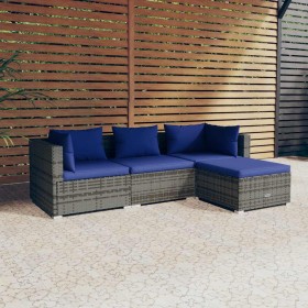 Set de sofás de jardín 4 piezas y cojines ratán sintético gris