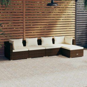 Set muebles de jardín 5 piezas y cojines ratán sintético marrón