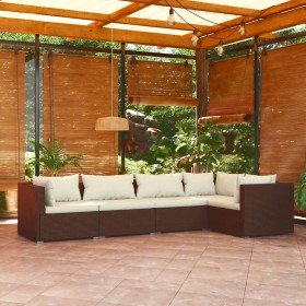 Set muebles de jardín 5 piezas y cojines ratán sintético marrón Set muebles de jardín 5 piezas y cojines ratán sintético marrón