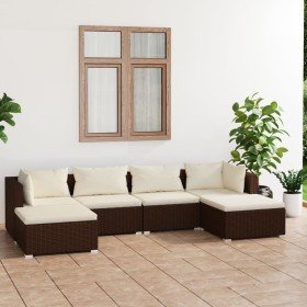 Set muebles de jardín 6 piezas y cojines ratán sintético marrón Set muebles de jardín 6 piezas y cojines ratán sintético marrón