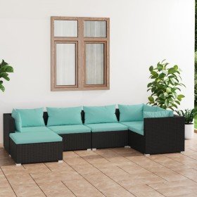 Set de muebles de jardín 6 pzas y cojines ratán sintético negro