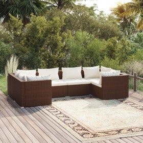 Set muebles de jardín 6 piezas y cojines ratán sintético marrón