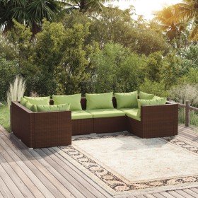 Set muebles de jardín 6 piezas y cojines ratán sintético marrón