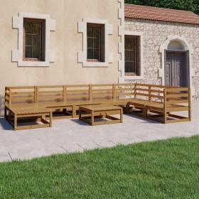 Muebles de jardín 9 pzas y cojines marrón miel madera pino