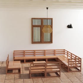 Muebles de jardín 13 pzas y cojines marrón miel madera pino