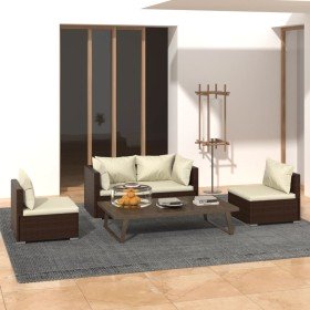 Set muebles de jardín 4 piezas y cojines ratán sintético marrón Set muebles de jardín 4 piezas y cojines ratán sintético marrón