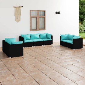 Set de muebles de jardín 7 pzas y cojines ratán sintético negro