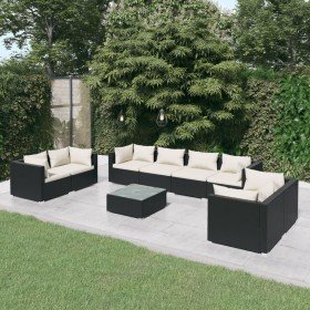 Set de muebles de jardín 9 pzas y cojines ratán sintético negro Set de muebles de jardín 9 pzas y cojines ratán sintético negro