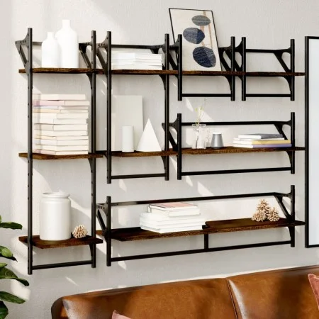 Wall shelves with bars 6 pcs oak brown engineered wood by , Shelves and shelves - Ref: Foro24-836272, Price: 69,77 €, Discoun...