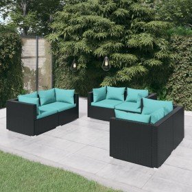 Set de muebles de jardín 6 pzas y cojines ratán sintético negro