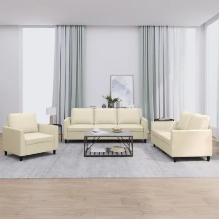 Cream synthetic leather 3-piece sofa set with cushions by , Sofas - Ref: Foro24-3201741, Price: 535,01 €, Discount: %