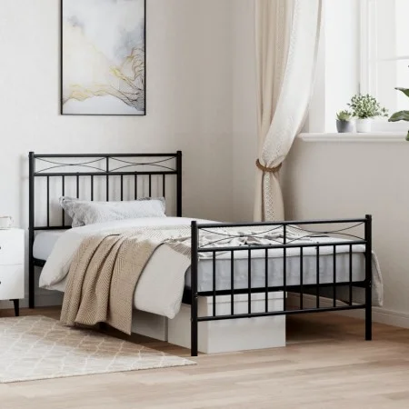 Bed frame with headboard and black metal footboard 100x190cm by , Beds and slatted bases - Ref: Foro24-373703, Price: 75,37 €...