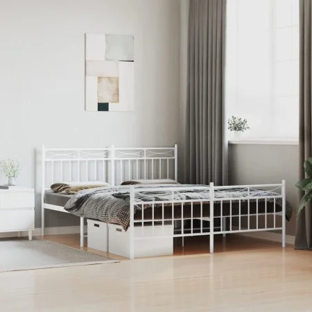 Metal bed frame with headboard and white footboard 150x200 cm by , Beds and slatted bases - Ref: Foro24-373760, Price: 114,36...