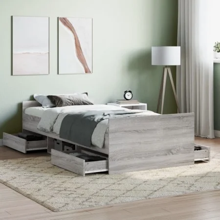 Sonoma gray bed frame with headboard and footboard 100x200 cm by , Beds and slatted bases - Ref: Foro24-3203801, Price: 163,3...