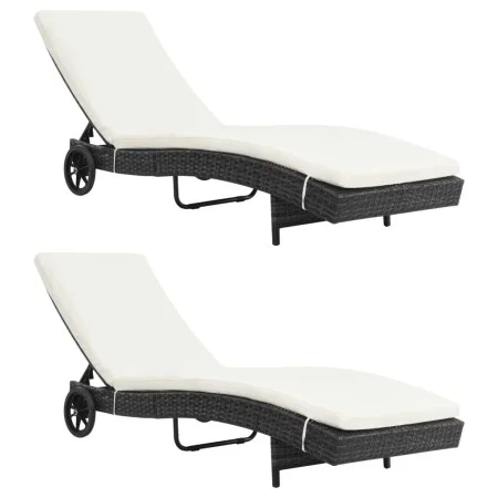 Sun loungers with wheels and cushions 2 units black synthetic rattan by , Loungers - Ref: Foro24-3078465, Price: 332,97 €, Di...