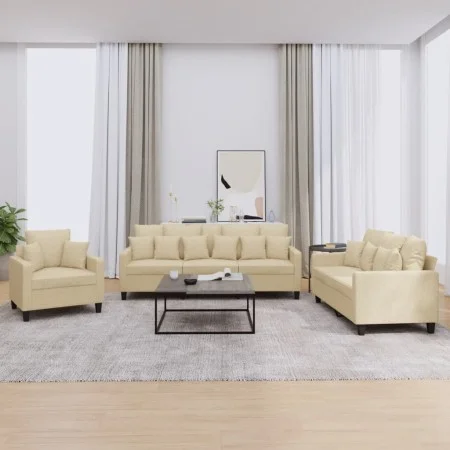 Sofa set with cushions 3 pieces cream fabric by , Sofas - Ref: Foro24-3201634, Price: 621,00 €, Discount: %