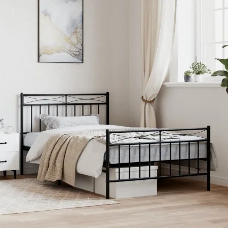 Bed frame with headboard and black metal footboard 100x200cm by , Beds and slatted bases - Ref: Foro24-373704, Price: 76,25 €...