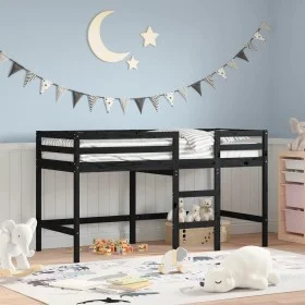 Cama alta de niños escalera madera maciza pino negra 80x200 cm de vidaXL, Camas y somieres - Ref: Foro24-835888, Precio: 153,...