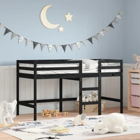 Cama alta de niños escalera madera maciza pino negra 80x200 cm de vidaXL, Camas y somieres - Ref: Foro24-835888, Precio: 153,...