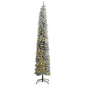 Árbol de Navidad estrecho con 300 LED y bolas y nieve 270 cm