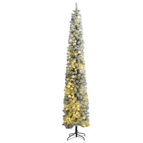 Árbol de Navidad estrecho con 300 LED y bolas y nieve 270 cm