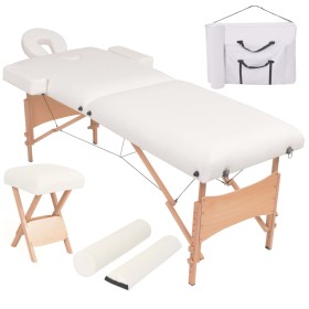 Camilla de masaje y taburete plegable 2 zonas 10 cm blanco