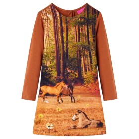 Vestido de niña de manga larga estampado de caballos color