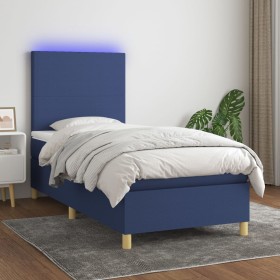 Cama box spring colchón y luces LED tela azul 90x190 cm