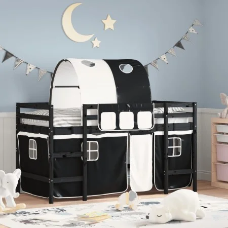 Cama alta niños con túnel madera pino blanco negro 90x200 cm de , Camas y somieres - Ref: Foro24-3206997, Precio: 216,18 €, D...