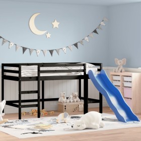 Cama alta de niños con tobogán madera maciza negra 90x190 cm