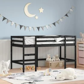 Cama alta de niños escalera madera maciza pino negra 90x200 cm de , Camas y somieres - Ref: Foro24-835900, Precio: 180,31 €, ...