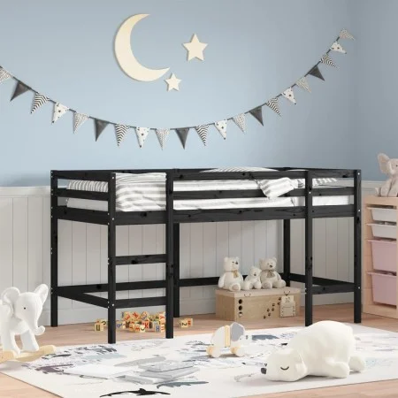 Cama alta de niños escalera madera maciza pino negra 90x200 cm de , Camas y somieres - Ref: Foro24-835900, Precio: 180,31 €, ...