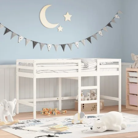 Cama alta de niños con escalera madera maciza blanca 90x200 cm de , Camas y somieres - Ref: Foro24-835893, Precio: 179,91 €, ...