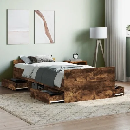 Bed frame with smoked oak headboard and footboard 90x190cm by , Beds and slatted bases - Ref: Foro24-3203814, Price: 172,87 €...