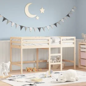 Children's loft bed with solid pine wood ladder 90x200 cm by , Beds and slatted bases - Ref: Foro24-835889, Price: 171,40 €, ...
