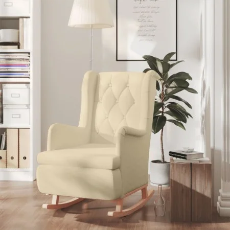 Armchair with rocking legs, solid rubber wood and cream fabric by , Armchairs - Ref: Foro24-329414, Price: 231,40 €, Discount: %