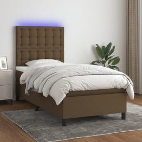 Cama box spring colchón y luces LED tela marrón oscuro 90x200cm