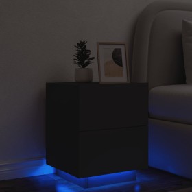 Mesita de noche con luces LED madera de ingeniería negra