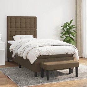 Cama box spring con colchón tela marrón oscuro 80x200 cm
