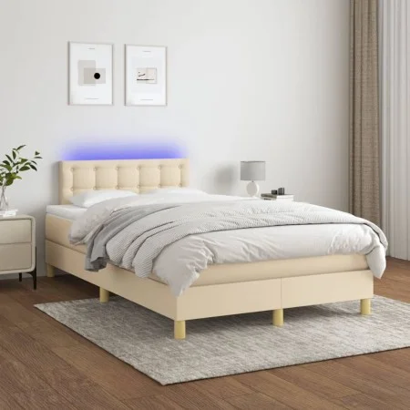 Box spring bed with mattress and LED cream fabric 120x200 cm by , Beds and slatted bases - Ref: Foro24-3134026, Price: 380,56...