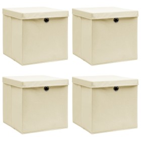 Cajas de almacenaje con tapas 4 uds tela crema 32x32x32 cm