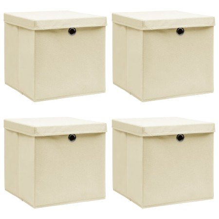 Cajas de almacenaje con tapas 4 uds tela crema 32x32x32 cm