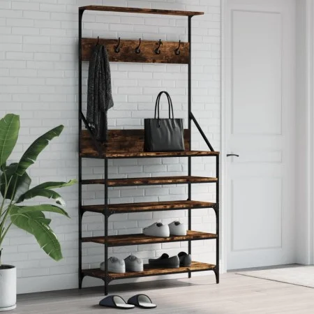 Coat rack with smoked oak shoe rack 90x34x184 cm by , Dresser Organizers and Bar Hangers - Ref: Foro24-837879, Price: 88,68 €...