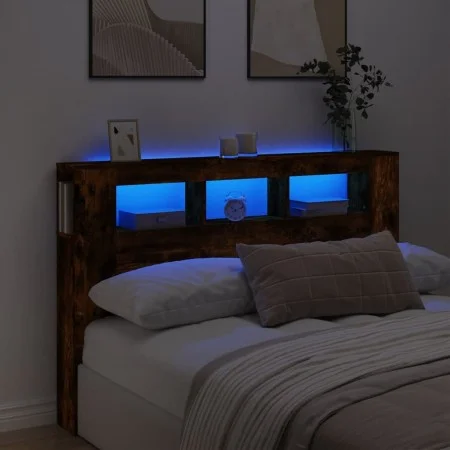 Cabecero LED madera ingeniería roble ahumado 160x18,5x103,5 cm de , Cabeceros y pies de cama - Ref: Foro24-837355, Precio: 86...