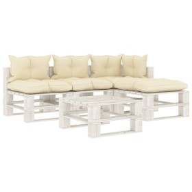 Set muebles de palés jardín 5 piezas madera cojines crema