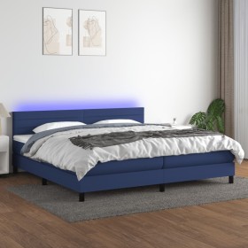 Cama box spring colchón y luces LED tela azul 200x200 cm