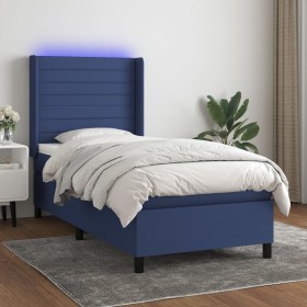 Cama box spring colchón y luces LED tela azul 100x200 cm