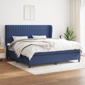 Cama box spring con colchón tela azul 200x200 cm