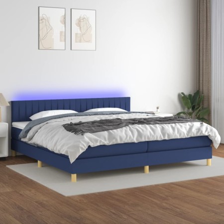 Cama box spring con colchón y LED tela azul 200x200 cm